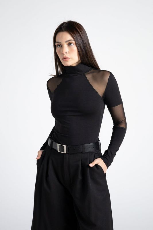 Schwarzes Transparentes Mesh Hochkragenoberteil