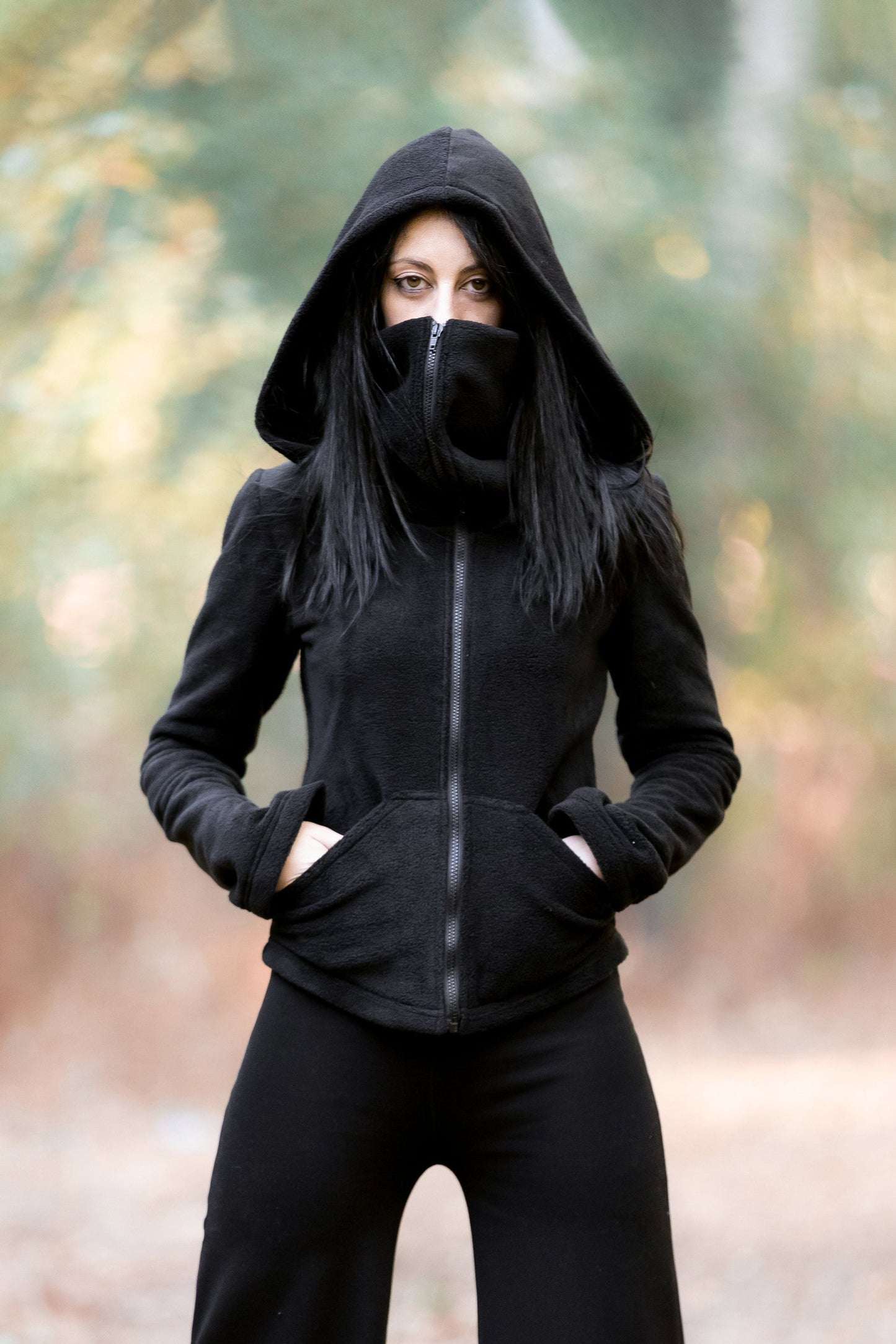 Grüne Ninja Kapuzen-Fleecejacke – Gothic Pixie Wintermantel mit Gesichtsmaske