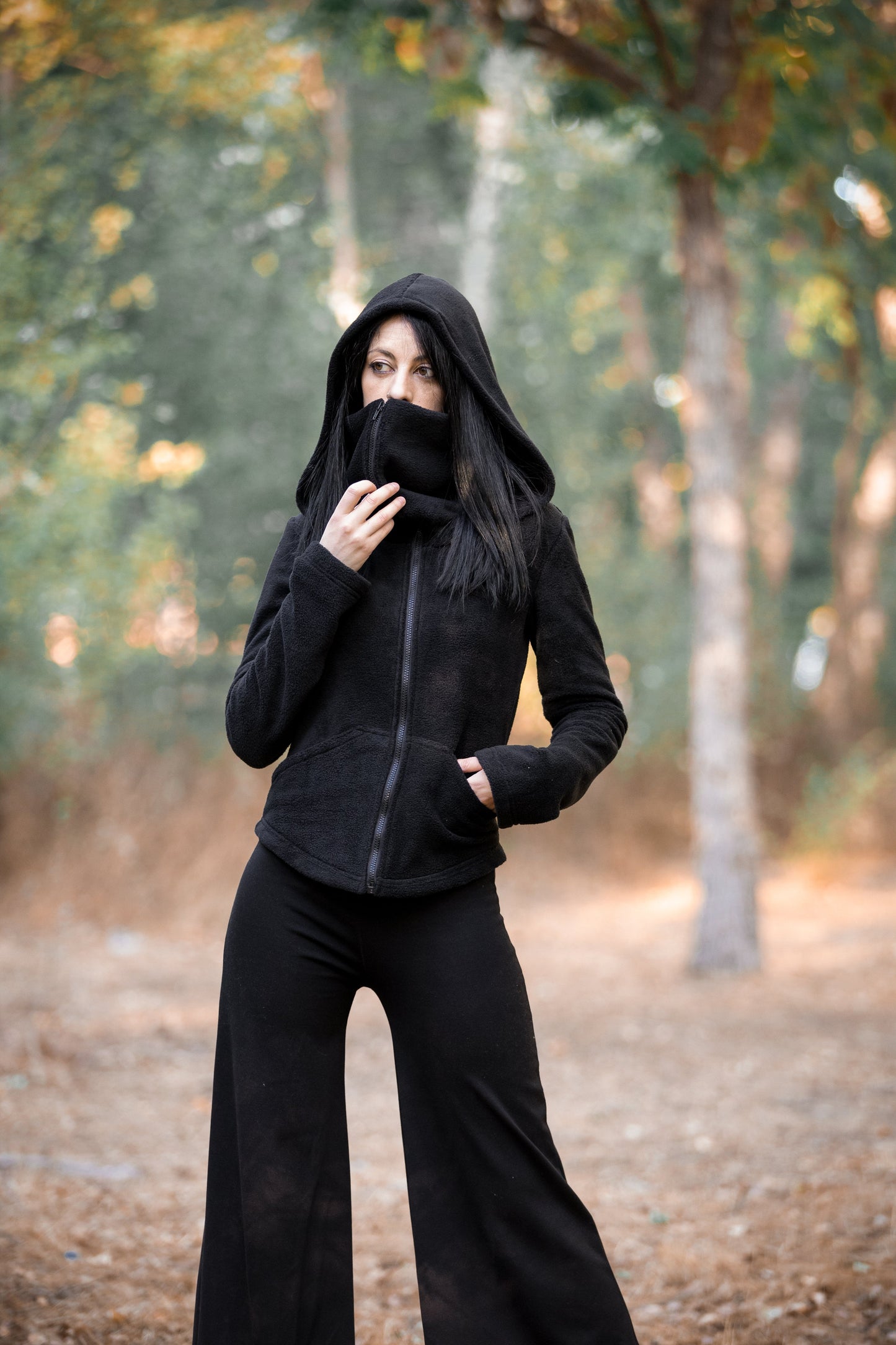 Grüne Ninja Kapuzen-Fleecejacke – Gothic Pixie Wintermantel mit Gesichtsmaske