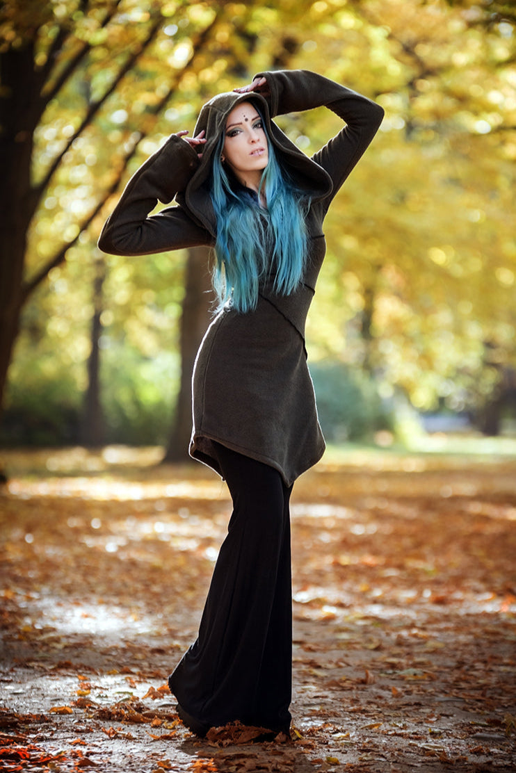 Grüner Elfen-Hoodie-Fleece-Mantel – Pixie-Jacke mit Maxi-Haube