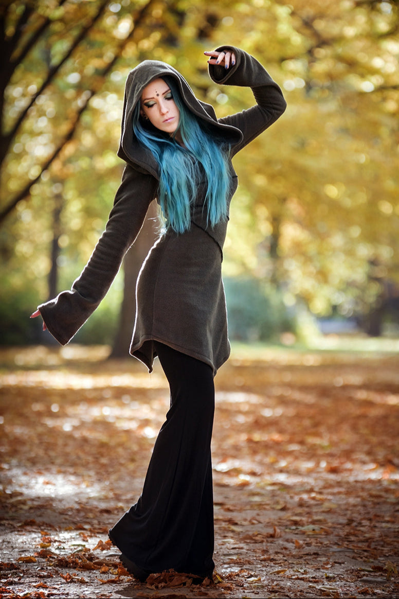 Schwarzer Elfen-Hoodie-Fleece-Mantel – Pixie-Hoodie mit Maxi-Haube