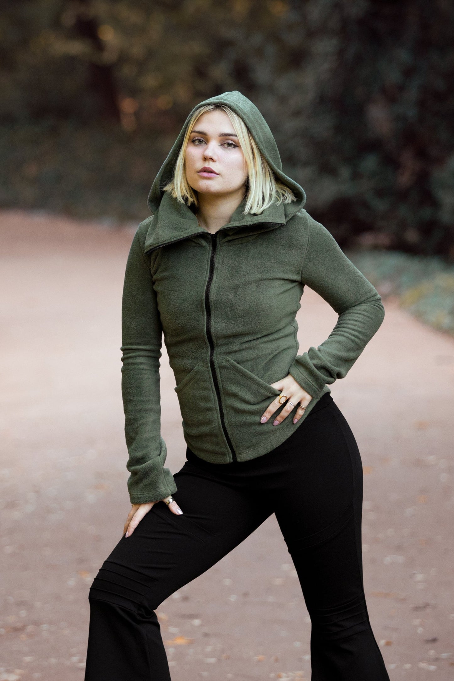 Grüne Ninja Kapuzen-Fleecejacke – Gothic Pixie Wintermantel mit Gesichtsmaske