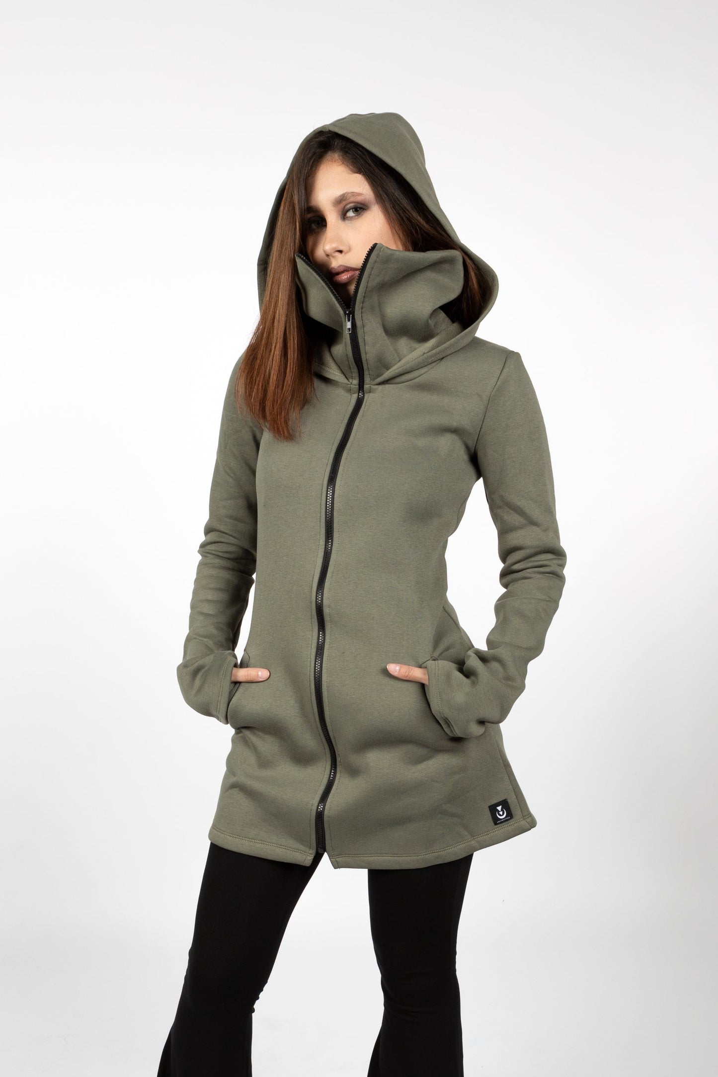 Grüner Elfen-Zipper-Sweatshirtmantel mit Kapuze & Gesichtsschutz