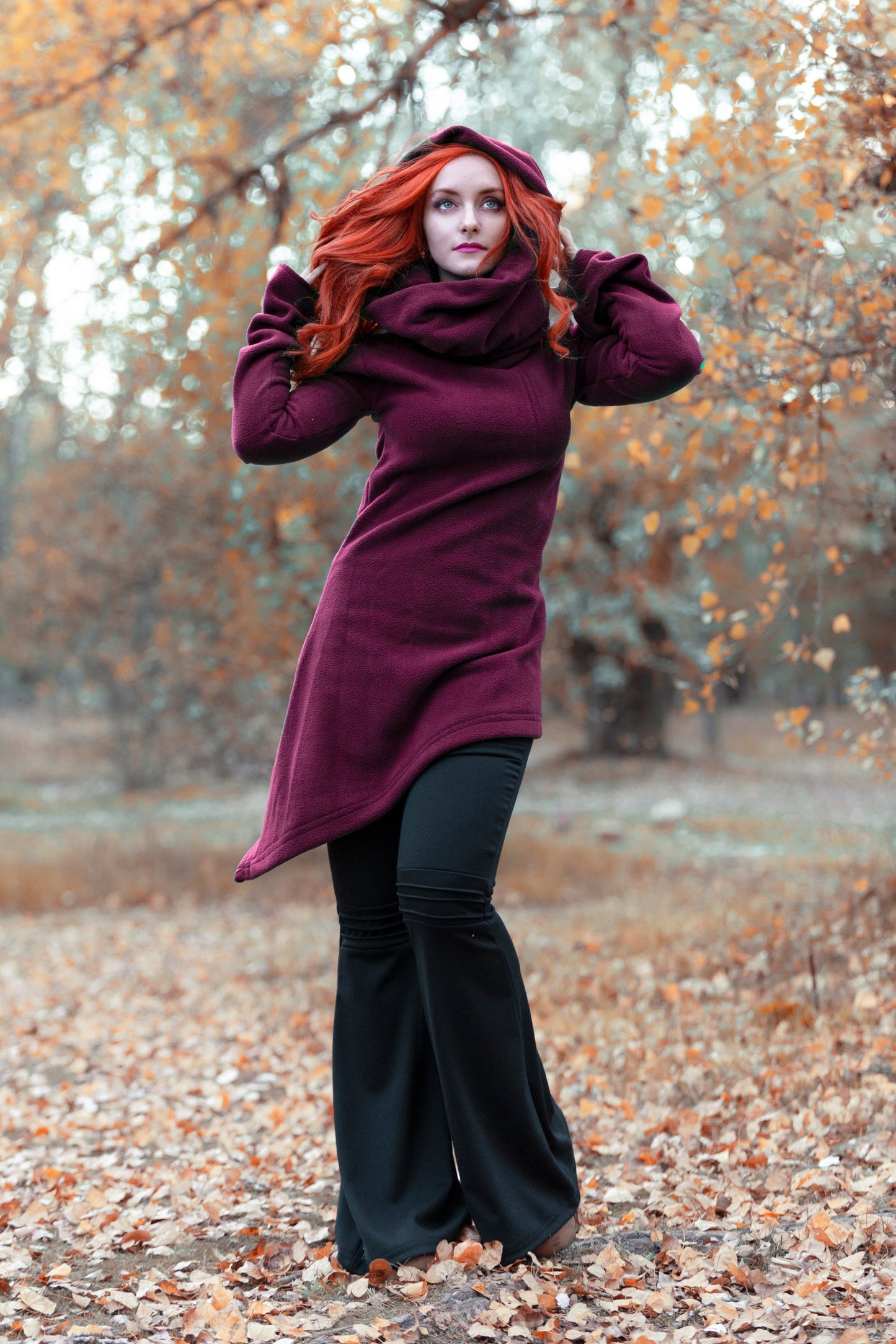 Schwarzer langer Fleece-Hoodie – Elfen-Gothic-Hoodie-Jacke