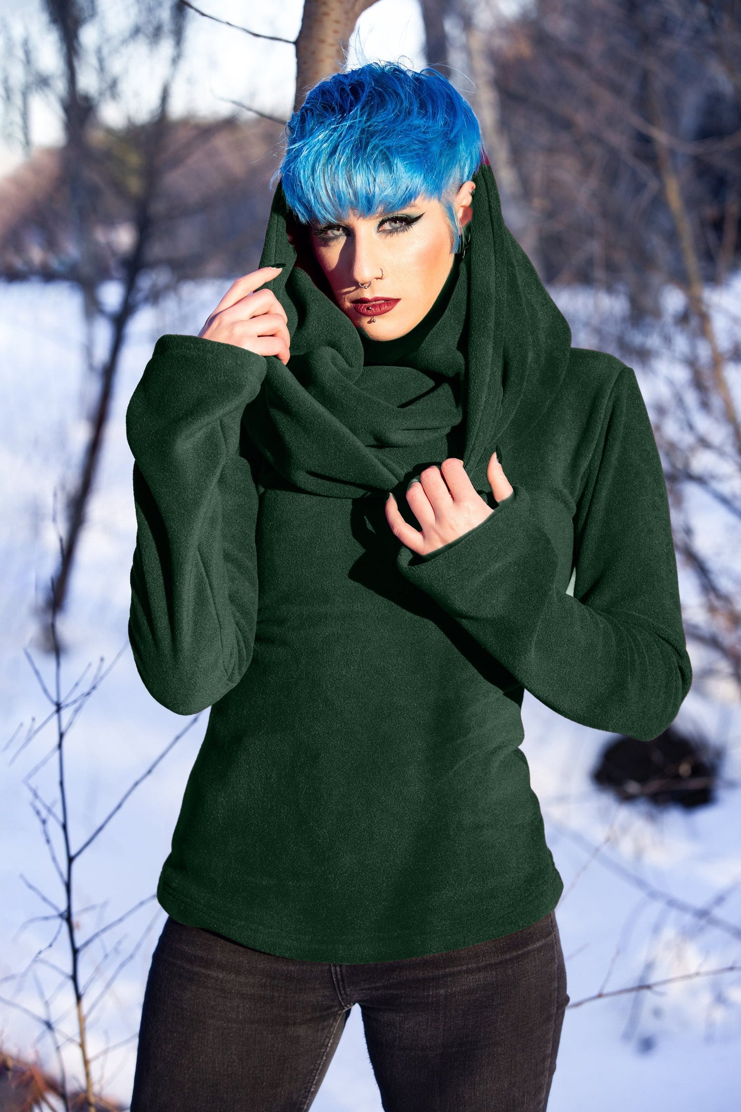 SCHWARZER Elfen-Hoodie mit Cowl-Neck – Baumwoll-Fleece Elfen-Hoodie