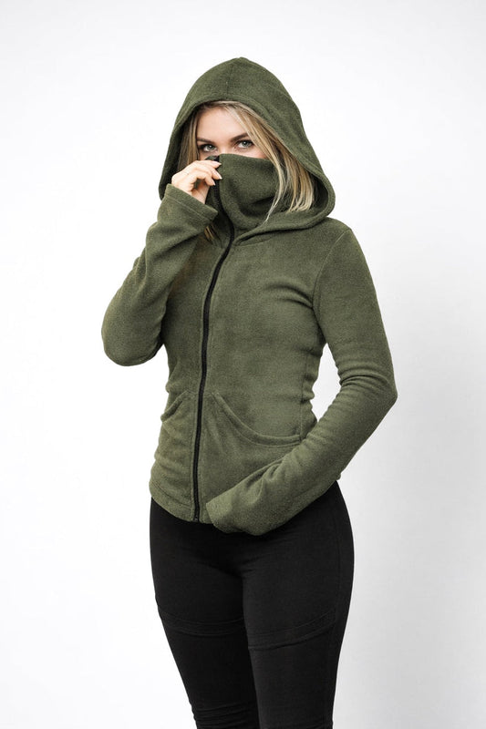 Grüne Ninja Kapuzen-Fleecejacke – Gothic Pixie Wintermantel mit Gesichtsmaske