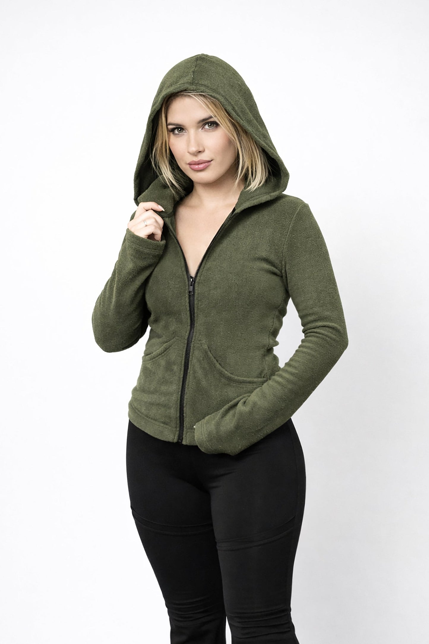 Grüne Ninja Kapuzen-Fleecejacke – Gothic Pixie Wintermantel mit Gesichtsmaske