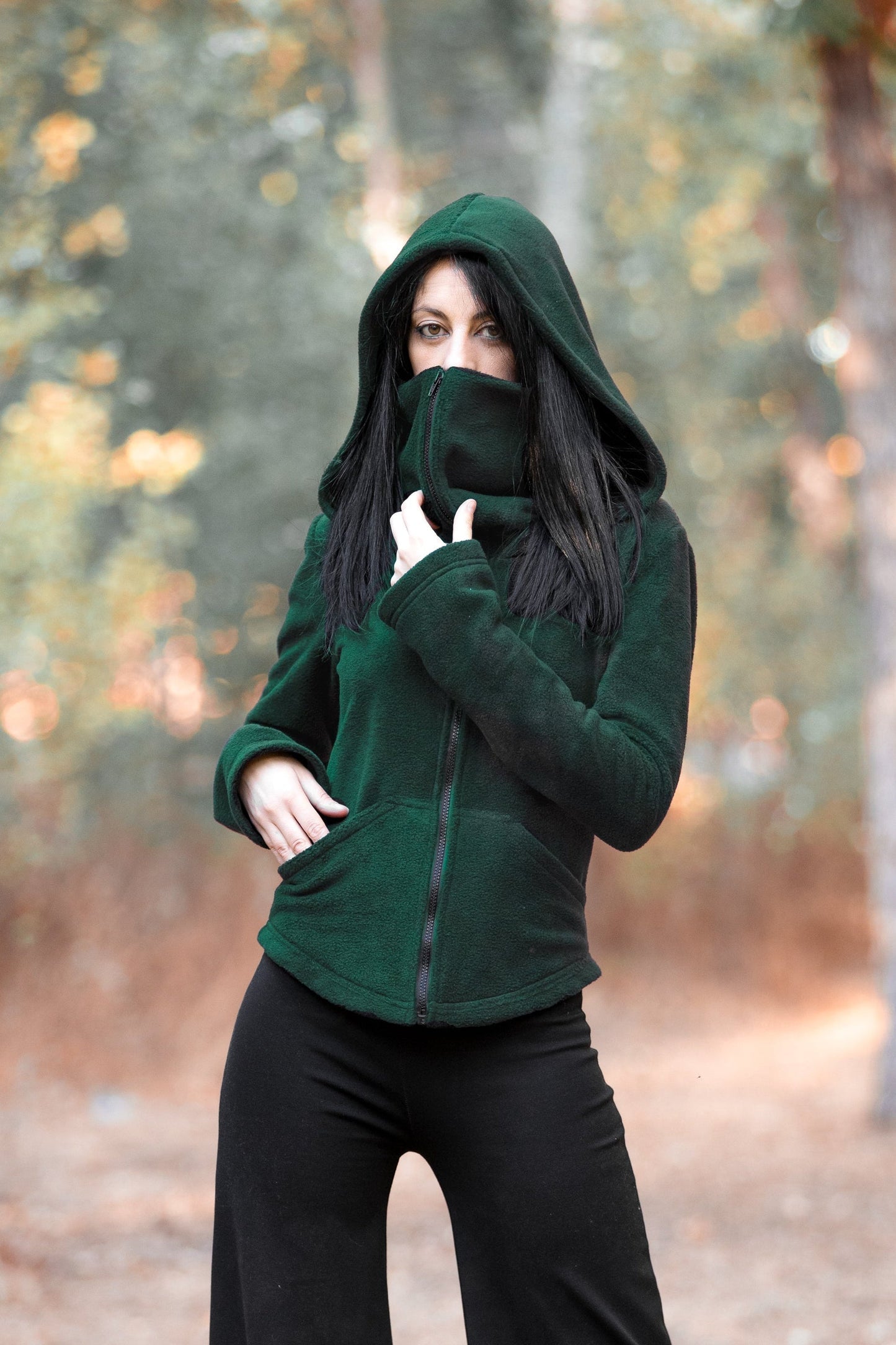 Grüne Ninja Kapuzen-Fleecejacke – Gothic Pixie Wintermantel mit Gesichtsmaske