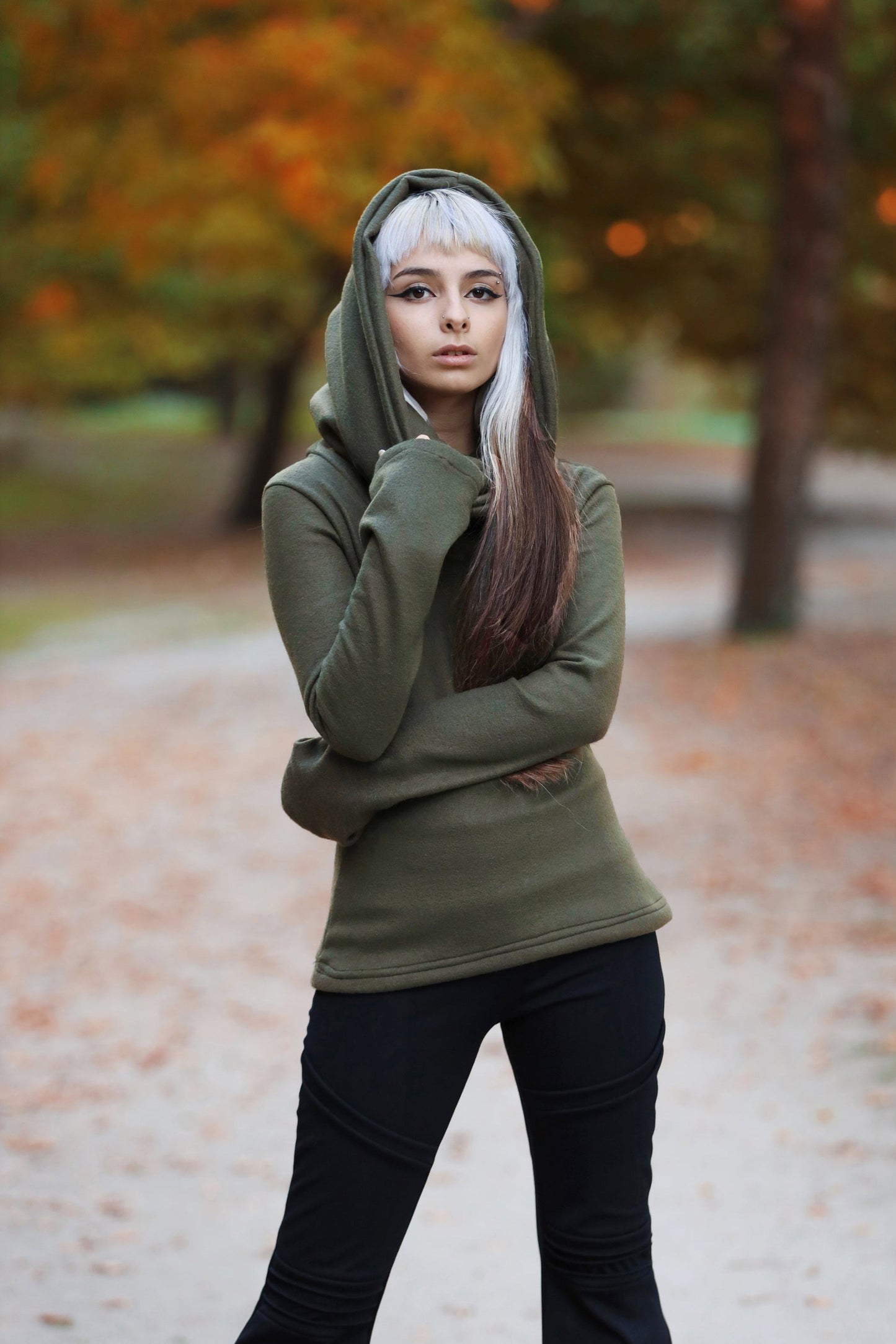 SCHWARZER Elfen-Hoodie mit Cowl-Neck – Baumwoll-Fleece Elfen-Hoodie